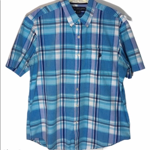 🍁US Polo Assn blue plaid short sleeve button down - Picture 1 of 6